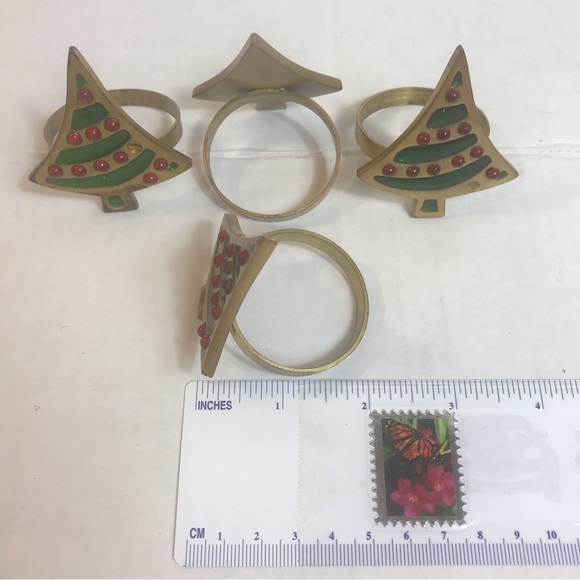 Vintage Napkin Rings Christmas Tree Brass Enamel Set of 4 Red Green Holders - Picture 6 of 8